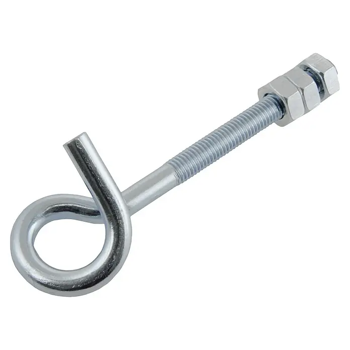Suki Hembrilla abierta - Largo: 140 mm, 1 ud., Zincado - Primer plano de un cáncamo plateado con rosca y dos tuercas hexagonales sobre un fondo negro.