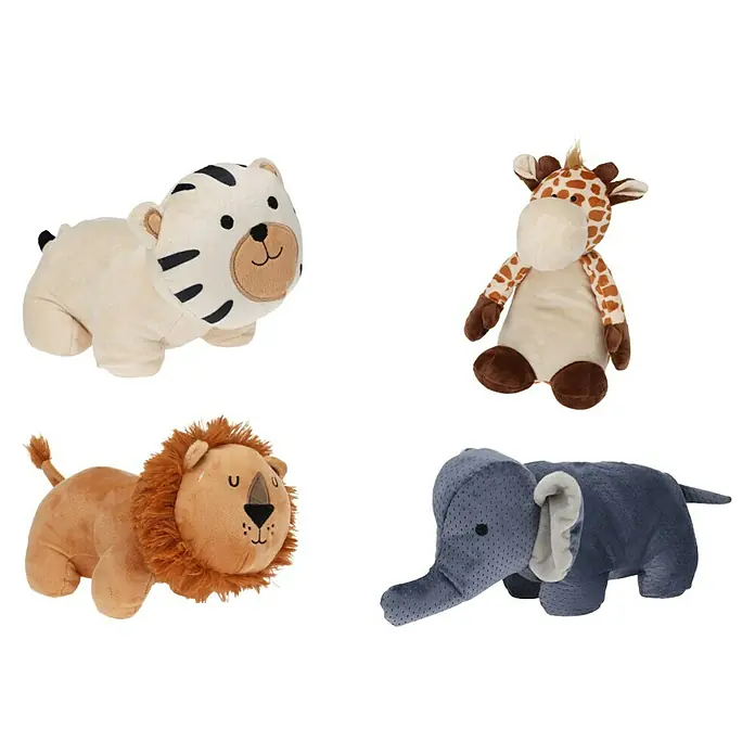Tope de puerta Safari - 1 ud., Surtido - Adorable colección de peluches de animales de safari con tigre, jirafa, león y elefante, perfectos para habitaciones infantiles.