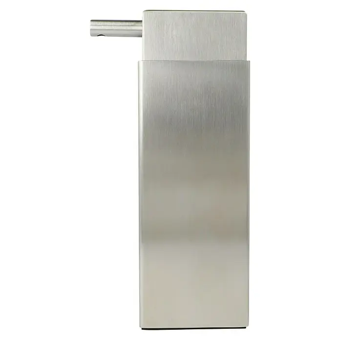 Zack Linea Seifenspender - Höhe: 16,9 cm, Edelstahl, Edelstahl - Nahaufnahme eines eleganten, silberfarbenen Seifenspenders mit einem minimalistischen Design und einer gebürsteten Metalloberfläche.