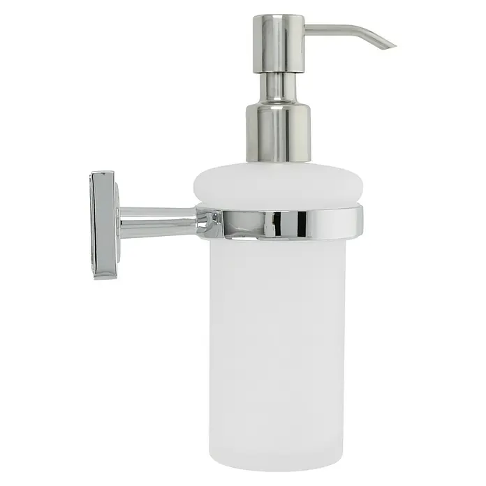 Camargue Cannes Seifenspender - Mit Halterung, Chrom, Glänzend - Ein silberner Flüssigseifenspender mit Wandhalterung und einer weißen Flasche. Er ist stilvoll und praktisch für jedes Badezimmer.