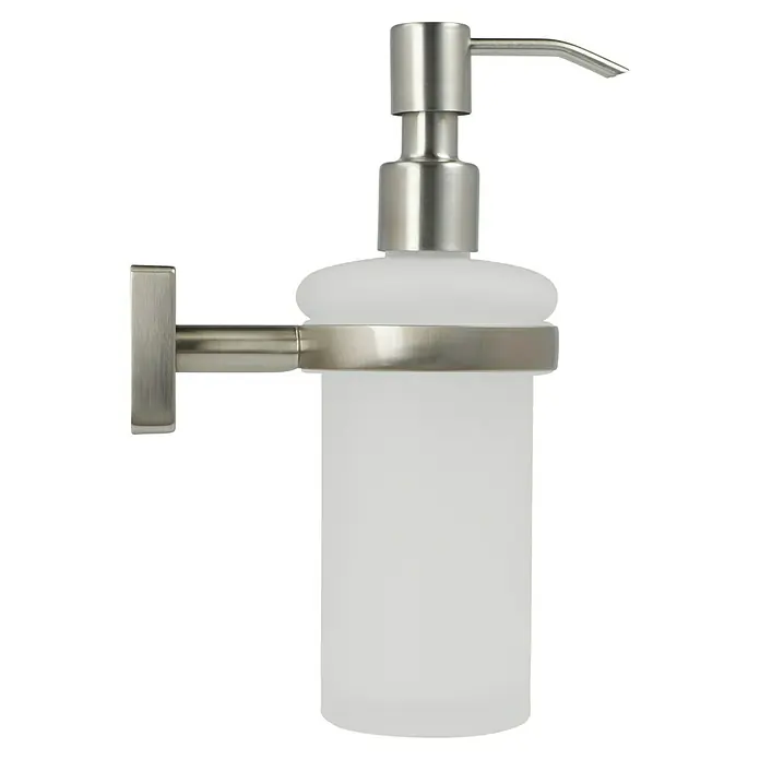 Lenz Sky Seifenspender - Mit Halterung, Nickel, Matt - Wandmontierter Seifenspender mit mattiertem Glasbehälter und silberfarbenem Spenderkopf für stilvolle Hygiene im Bad.