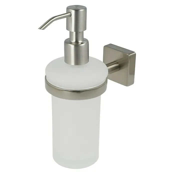 Lenz Sky Seifenspender - Mit Halterung, Nickel, Matt - Wandmontierter Seifenspender mit gebürstetem Nickel-Finish und einem satinierten Glasbehälter. Elegantes Accessoire für jedes Badezimmer.