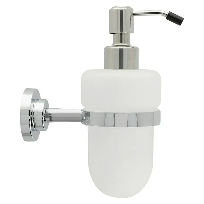 Camargue Lyon Seifenspender - Mit Halterung, Chrom, Glänzend - Wandseifenspender mit Chromhalterung und weißem, satiniertem Glasbehälter. Modernes Design für Badezimmer und Küche.