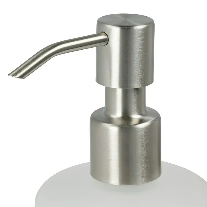 Lenz Sky Seifenspender - Mit Halterung, Nickel, Matt - Nahaufnahme eines Seifenspenders mit gebürstetem Metalldesign, der ein modernes und hygienisches Badezimmeraccessoire darstellt.