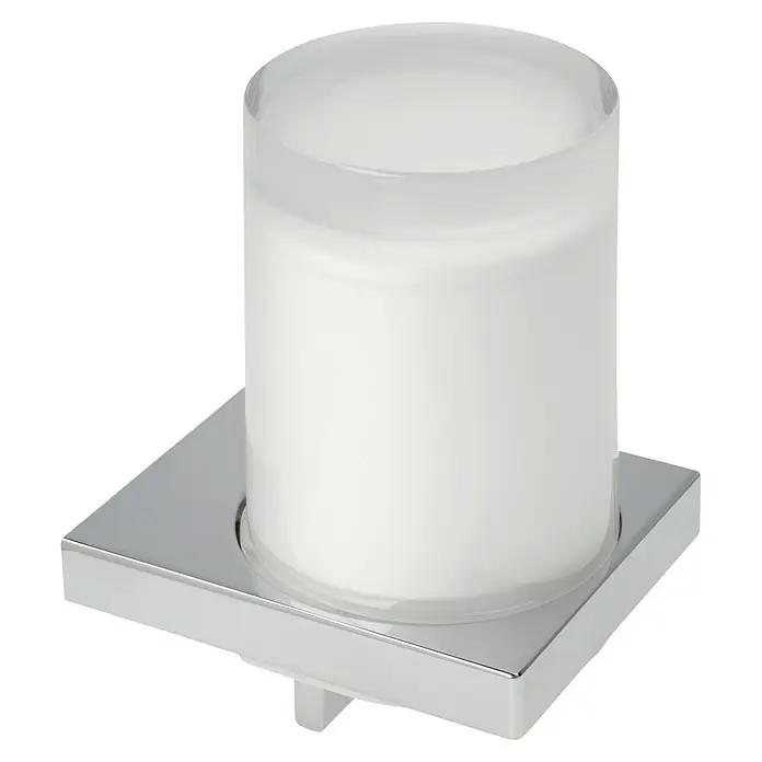 Keuco Edition 11 Seifenspender - Mit Halterung, Weiß/Chrom, Metall - Ein moderner, verspiegelter Zahnputzbecherhalter mit einem zylindrischen, milchigen Glasbecher für das Badezimmer.