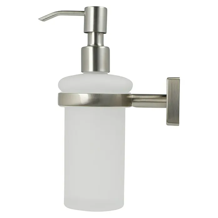 Lenz Sky Seifenspender - Mit Halterung, Nickel, Matt - Ein stilvoller, wandmontierter Seifenspender mit einem mattierten Glasbehälter und einer gebürsteten Edelstahldüse für moderne Badezimmer.