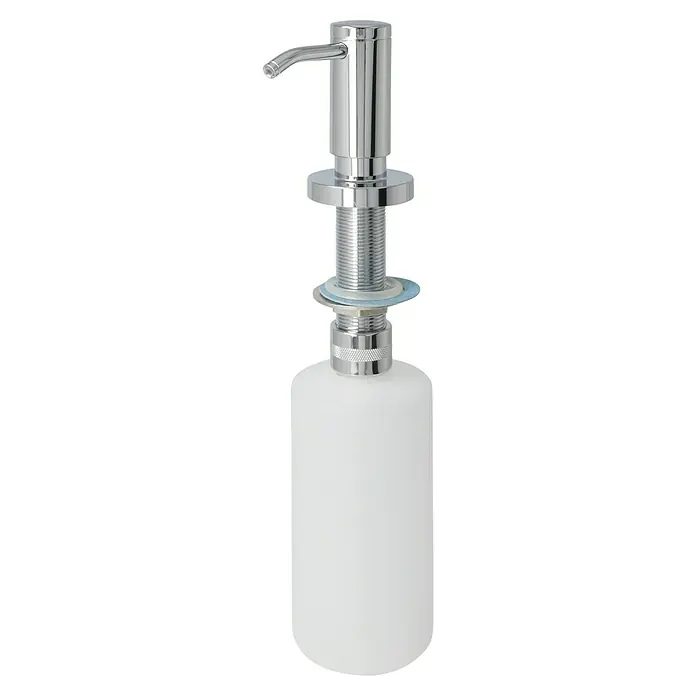 Keuco Plan Seifenspender - Chrom, Kunststoff - Bild eines Seifenspenders. Der Spender hat einen verchromten Pumpenkopf und einen weißen Behälter. Modernes Design für Bad oder Küche.