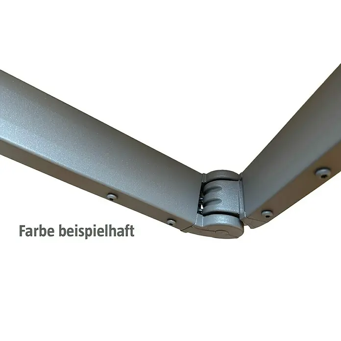 Solid Elements Vollkassettenmarkise Solid-X-Compact 744 - Orange/Braun, Farbe Gestell: Graualuminium, Breite: 5,5 m, Ausfall: 2,5 m - Detailaufnahme eines grauen Gelenkarms mit sichtbaren Schrauben und dem Hinweis "Farbe beispielhaft".