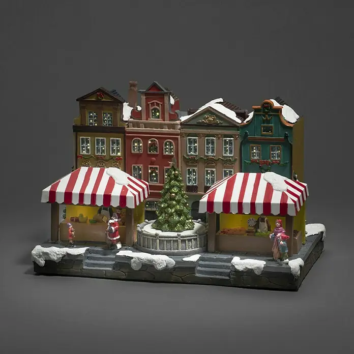 Konstsmide LED-Weihnachtsdorf Stadtszene mit Musik - Bunt, 31,5 x 23 x 23,5 cm, LED, Batteriebetrieben - Detailaufnahme einer festlichen Weihnachtsmarktszene mit Häusern, Ständen und einem geschmückten Baum, ideal für die Weihnachtsdekoration.