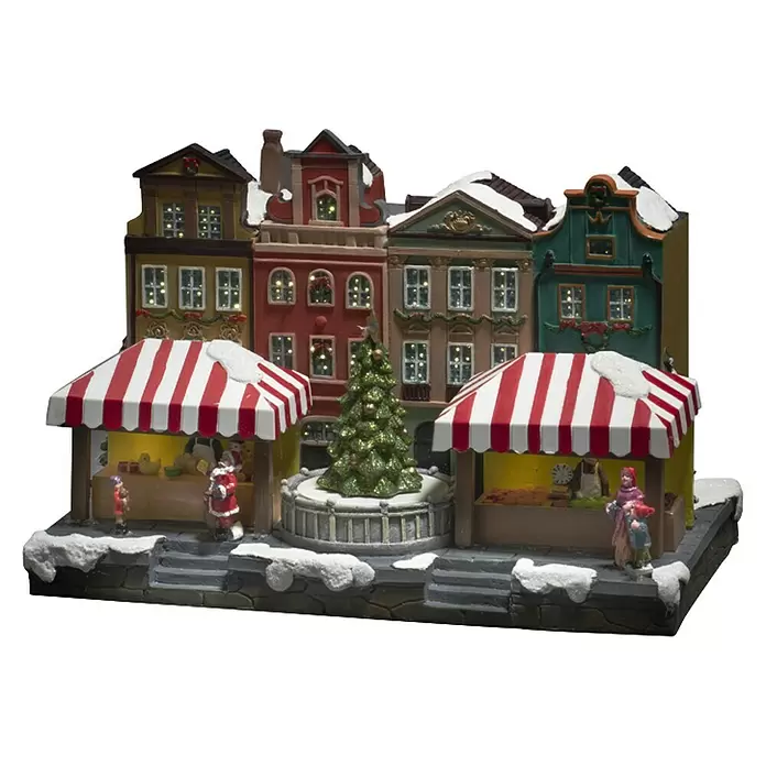 Konstsmide LED-Weihnachtsdorf Stadtszene mit Musik - Bunt, 31,5 x 23 x 23,5 cm, LED, Batteriebetrieben - Beleuchtetes Weihnachtsdorf mit schneebedeckten Häusern, Marktständen und glitzerndem Weihnachtsbaum.