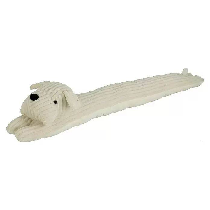 Tope de puerta Cortacorrientes Perro - L x An x Al: 90 x 8 x 15 cm, Surtido - Excluidor de corrientes de tela acanalada en forma de perro color blanco hueso con nariz y ojos negros.