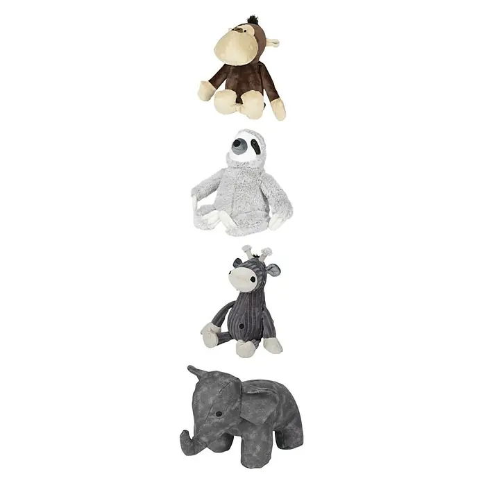 Tope de puerta Animales II - 1 ud., Surtido - Una toma vertical de cuatro peluches diferentes que incluyen un mono, un perezoso, una jirafa y un elefante.