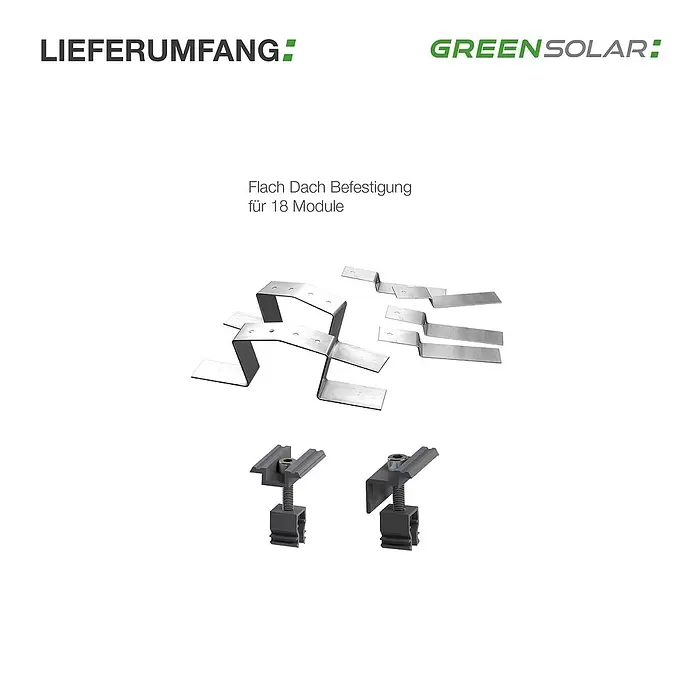 Green Solar Befestigungs-Set - Passend für: 18 Solarmodule, Geeignet für: Flachdach - Silberfarbene Metall-Flachdach-Befestigungshalterungen und dunkelgraue Modulklemmen für Solarpaneele.