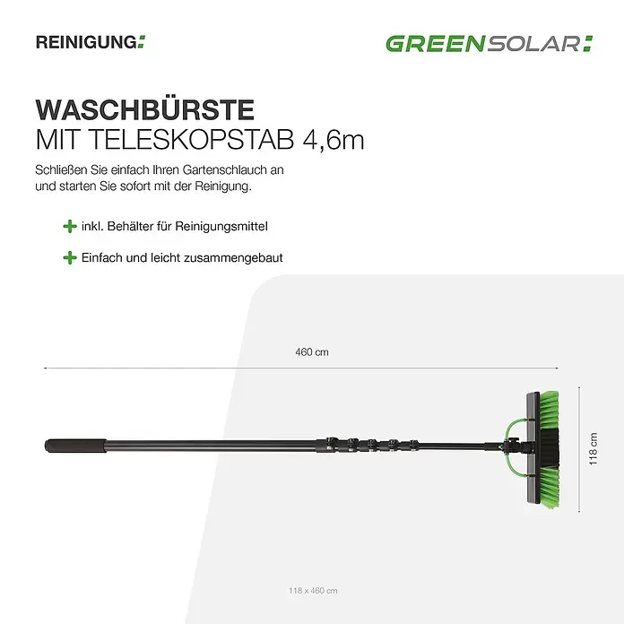 Green Solar Waschbürste - Länge: 4,6 m - Schwarze Teleskop-Waschbürste mit grünen Borsten, 4,6m Länge, inkl. Reinigungsbehälter.