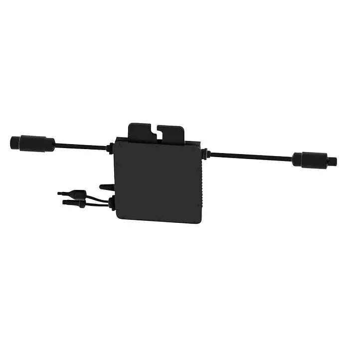 Green Solar Wechselrichter HM-400 - 0% MwSt. gem. § 12 Abs. 3 UStG - 400 W - Schwarzes, rechteckiges Solarstromkomponente mit integrierten Kabeln und Steckverbindern.