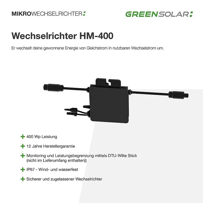 Green Solar Wechselrichter HM-400 - 0% MwSt. gem. § 12 Abs. 3 UStG - 400 W - Schwarzer Mikro-Wechselrichter mit Anschlusskabeln.