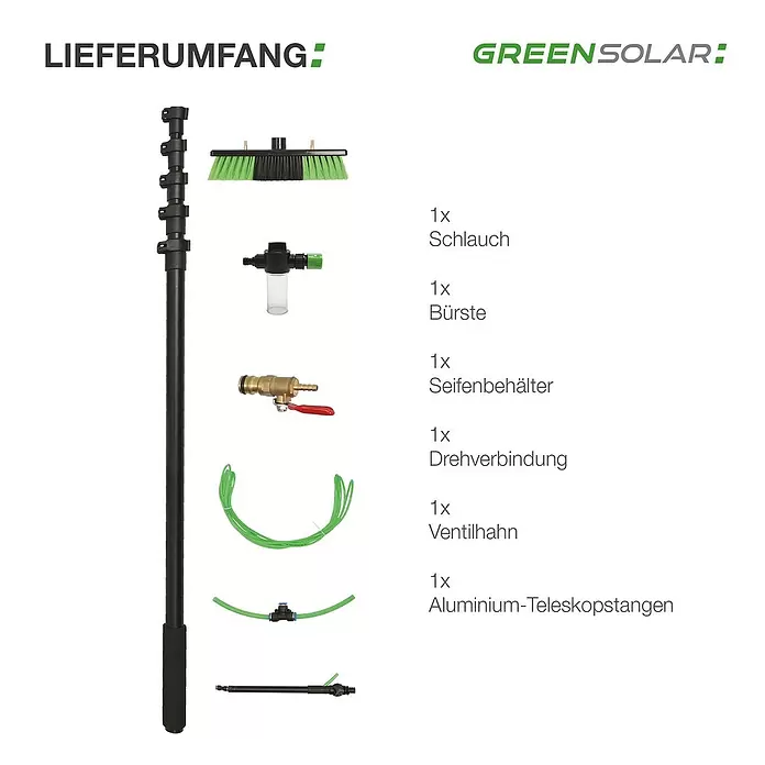 Green Solar Waschbürste - Länge: 4,6 m - Reinigungsset mit schwarzer Aluminium-Teleskopstange, Bürste, Seifenbehälter, grünem Schlauch und Anschlusszubehör.