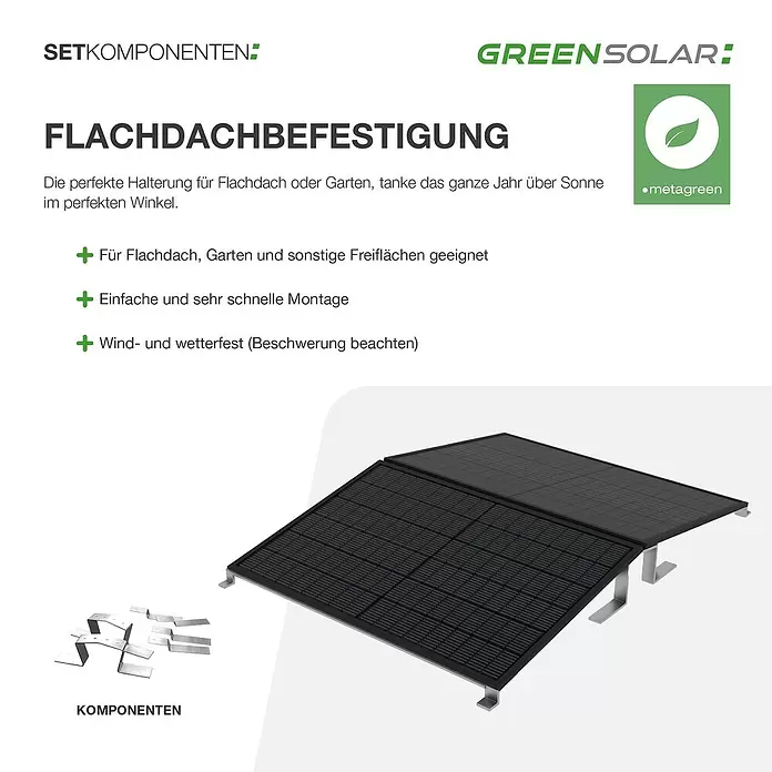 Green Solar Befestigungs-Set - Passend für: 24 Solarmodule, Geeignet für: Flachdach - Flachdachbefestigungssystem für Solarmodule mit zwei montierten Modulen und einzelnen Metallhalterungen.