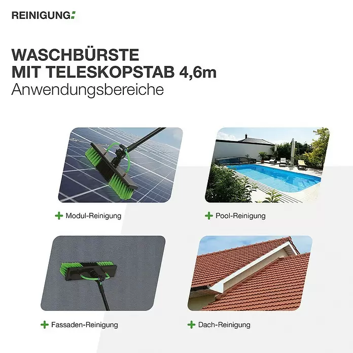 Green Solar Waschbürste - Länge: 4,6 m - Waschbürste mit 4,6m Teleskopstange für Module, Pools, Fassaden, Dächer.