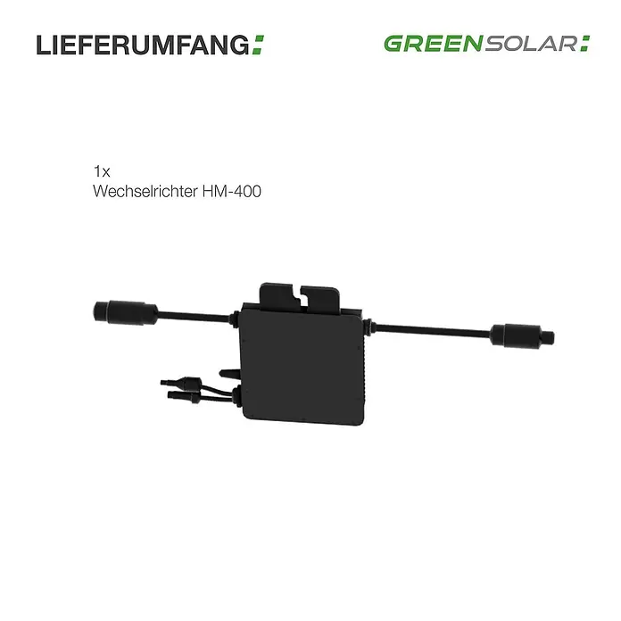 Green Solar Wechselrichter HM-400 - 0% MwSt. gem. § 12 Abs. 3 UStG - 400 W - Schwarzer Wechselrichter HM-400 mit Anschlusskabeln.