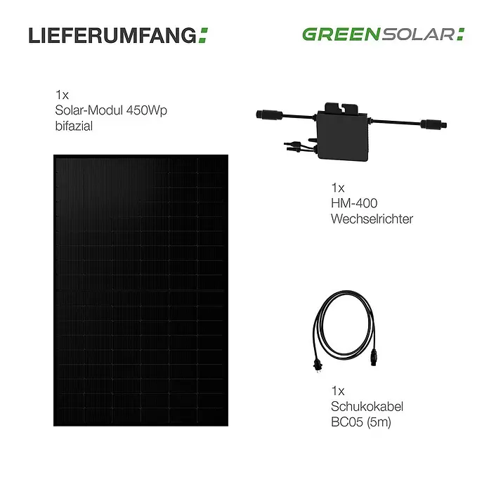 Green Solar Solarmodul-Set 0% MwSt. gem. § 12 Abs. 3 UStG - Nennleistung: 450 W, L x B x H: 176,2 x 113,4 x 3 cm, 1 Stk. - Ein schwarzes Solarmodul, ein Mikrowechselrichter und ein 5m Schukokabel, Komponenten für ein Balkonkraftwerk.