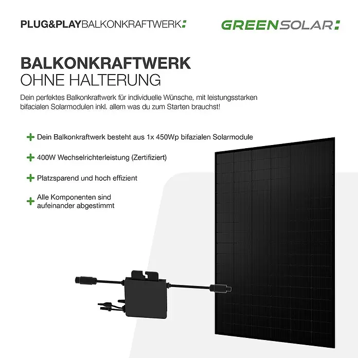 Green Solar Solarmodul-Set 0% MwSt. gem. § 12 Abs. 3 UStG - Nennleistung: 450 W, L x B x H: 176,2 x 113,4 x 3 cm, 1 Stk. - Schwarzes bifaziales Solarmodul und Mikro-Wechselrichter für ein Plug & Play Balkonkraftwerk.