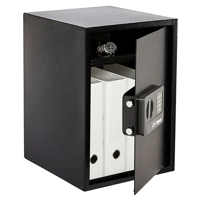 Burg-Wächter Favor Möbeltresor FAVOR S9 E - L x B x H: 38 x 35 x 50 cm, Elektronisches Zahlenschloss - Ein Tresor mit geöffneter Tür zeigt im Inneren eine Uhr und Ordner, ideal für Wertsachen und Dokumente.