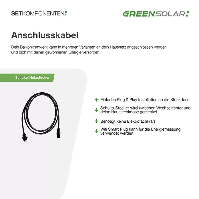 Green Solar Solarmodul-Set 0% MwSt. gem. § 12 Abs. 3 UStG - Nennleistung: 450 W, L x B x H: 176,2 x 113,4 x 3 cm, 1 Stk. - Ein schwarzes Schuko-Anschlusskabel für den einfachen Plug & Play Anschluss eines Balkonkraftwerks.