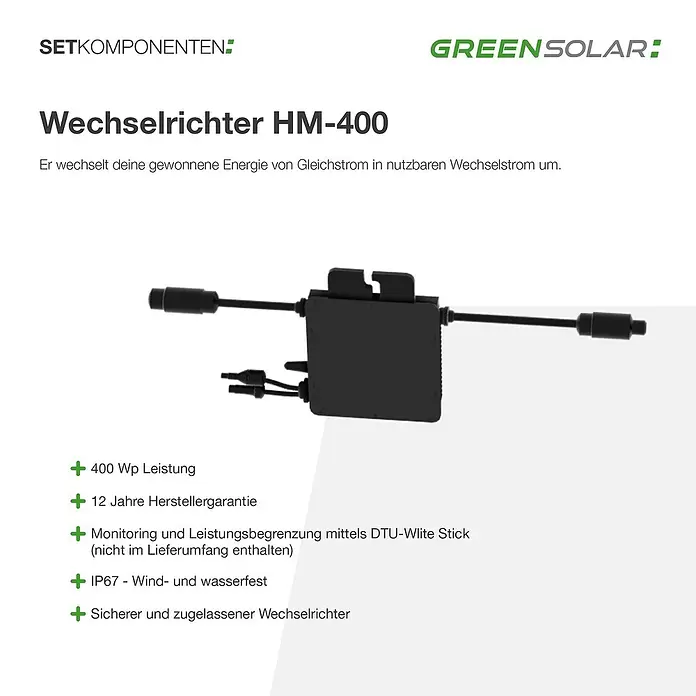 Green Solar Solarmodul-Set 0% MwSt. gem. § 12 Abs. 3 UStG - Nennleistung: 450 W, L x B x H: 176,2 x 113,4 x 3 cm, 1 Stk. - Schwarzer HM-400 Mikro-Wechselrichter mit Kabeln.