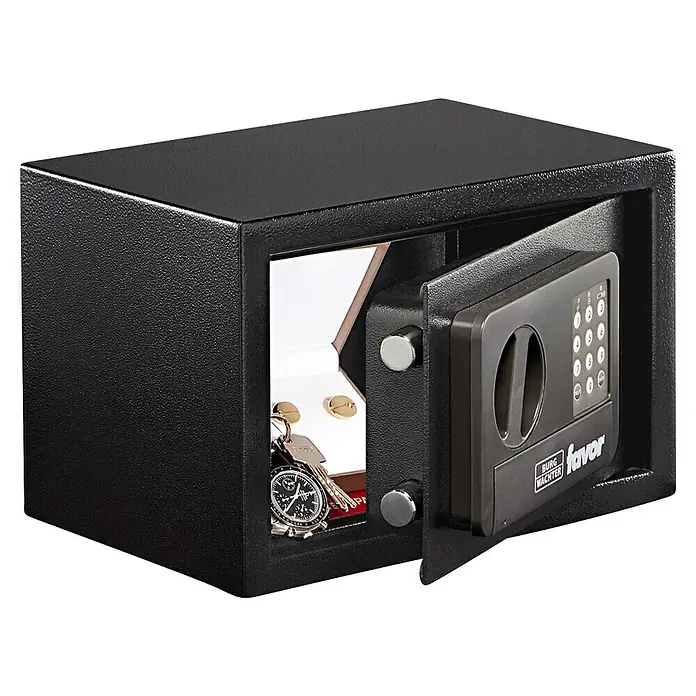 Burg-Wächter Favor Möbeltresor FAVOR S3 E - L x B x H: 31 x 20 x 20 cm, Elektronisches Zahlenschloss - Ein offener, schwarzer Burg-Wächter Favor Tresor mit einer Uhr, Schlüsseln und Schmuck darin, der die Sicherheit wertvoller Gegenstände gewährleistet.