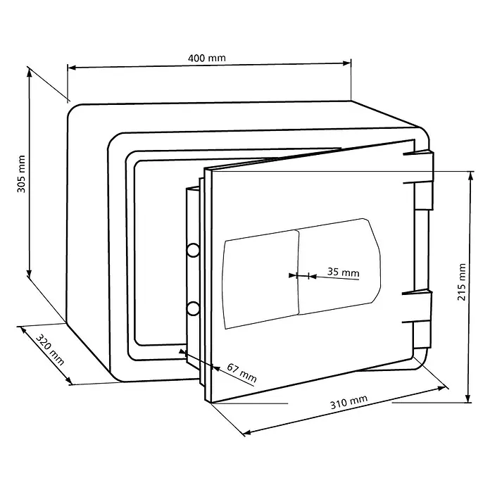 Burg-Wächter Feuerschutztresor FP 44 E - L x B x H: 320 x 390 x 296 mm, Elektronisches Zahlenschloss - Abbildung eines Tresors mit geöffneter Tür und Maßangaben zu dessen Dimensionen.