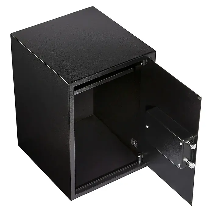Burg-Wächter Favor Möbeltresor FAVOR S9 E - L x B x H: 38 x 35 x 50 cm, Elektronisches Zahlenschloss - Abbildung eines schwarzen Tresors, der offen steht und sein Inneres zeigt. Ideal für die sichere Aufbewahrung von Wertgegenständen.