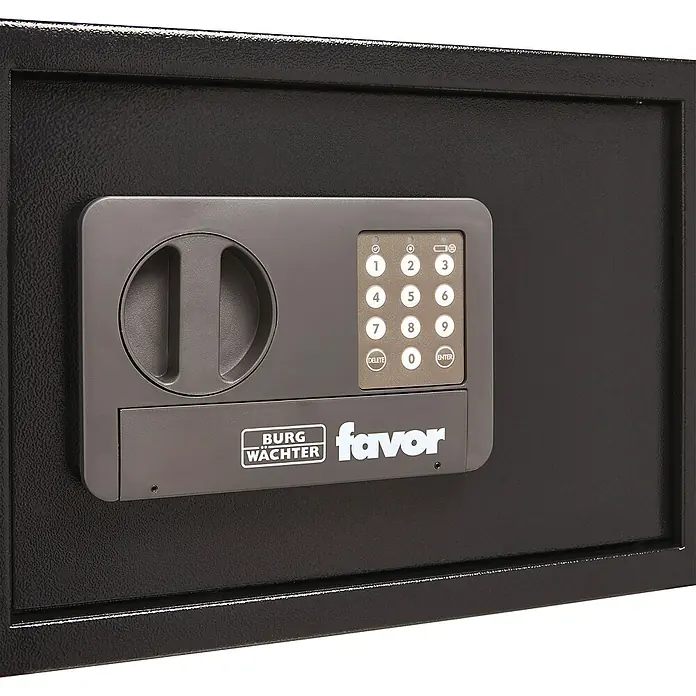 Burg-Wächter Favor Möbeltresor - L x B x H: 35 x 25 x 25 cm, Elektronisches Zahlenschloss - Detailaufnahme eines schwarzen Burg Wächter Favor Tresors mit elektronischem Zahlenschloss.