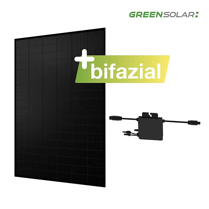 Green Solar Solarmodul-Set 0% MwSt. gem. § 12 Abs. 3 UStG - Nennleistung: 450 W, L x B x H: 176,2 x 113,4 x 3 cm, 1 Stk. - Schwarzes bifaziales Solarpanel und schwarzer Solaroptimierer.