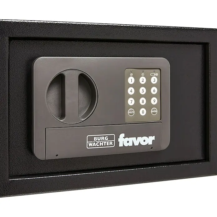 Burg-Wächter Favor Möbeltresor FAVOR S3 E - L x B x H: 31 x 20 x 20 cm, Elektronisches Zahlenschloss - Nahaufnahme eines Burg Wächter Favor Tresors mit digitalem Tastenfeld und Drehgriff.