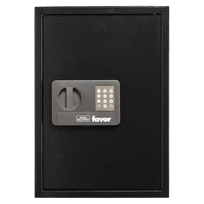 Burg-Wächter Favor Möbeltresor FAVOR S9 E - L x B x H: 38 x 35 x 50 cm, Elektronisches Zahlenschloss - Frontansicht eines schwarzen Burg Wächter Favor Möbeltresors mit elektronischem Zahlenschloss.