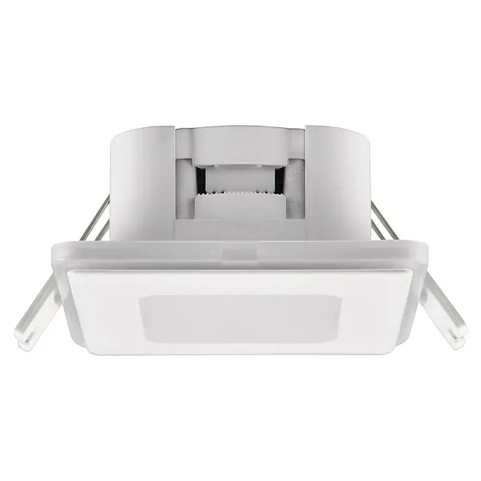 Trio Lighting Foco empotrable Nimbus - Blanco, L x An x Al: 8,5 x 8,5 x 3,9 cm, Blanco cálido - Primer plano de una lámpara LED empotrable cuadrada con superficies blancas y clips de montaje integrados.