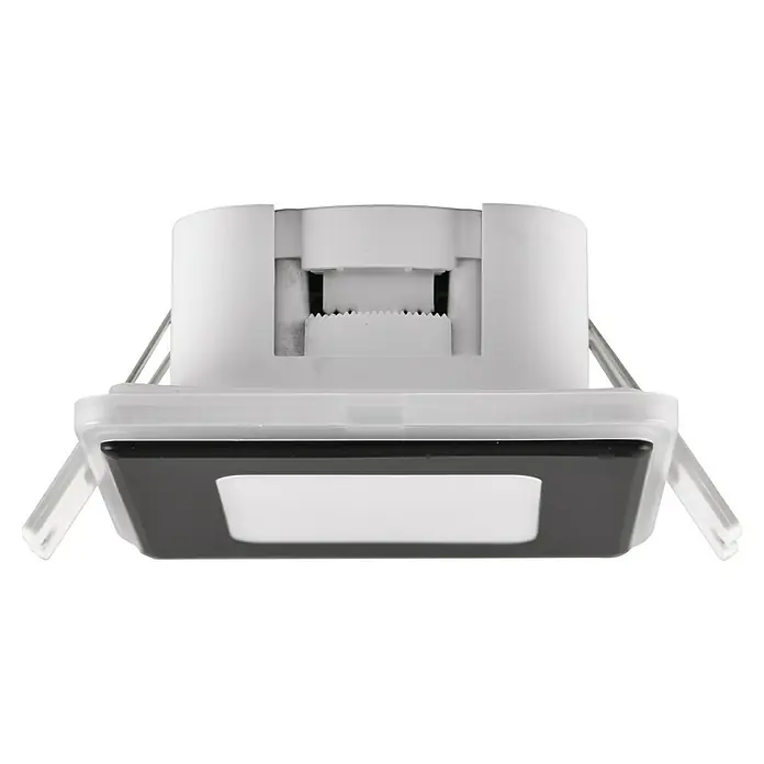 Trio Lighting Foco empotrable Nimbus - Negro, L x An x Al: 8,5 x 8,5 x 3,9 cm, Blanco cálido - Primer plano de un downlight LED cuadrado en blanco y gris, que combina iluminación moderna con tecnología de eficiencia energética.