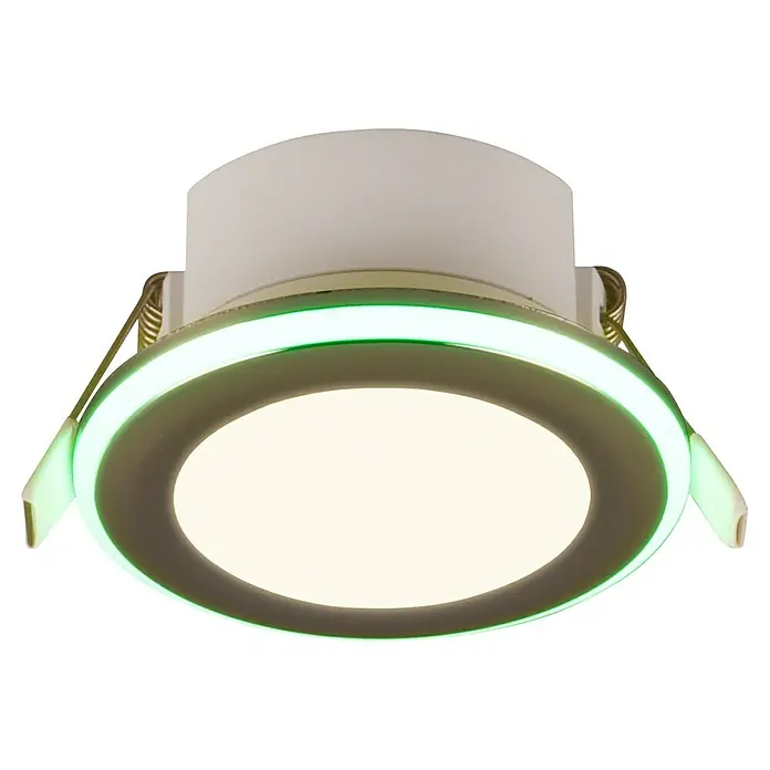 Trio Lighting Foco LED empotrable Argus - RGB, Diámetro: 8 cm, Cromo - Primer plano de una lámpara LED de techo con halo verde y luz principal blanca, ideal para interiores modernos.