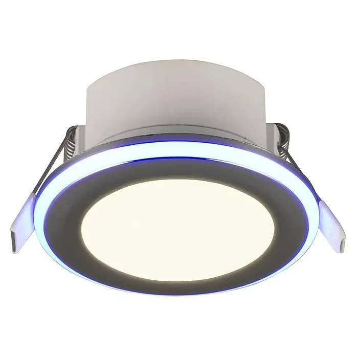 Trio Lighting Foco LED empotrable Argus - RGB, Diámetro: 8 cm, Cromo - Primer plano de una lámpara de techo LED redonda con iluminación de acento azul.