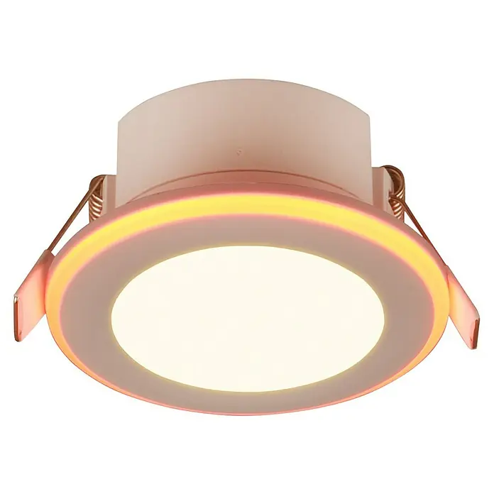 Trio Lighting Foco LED empotrable Argus - RGB, Diámetro: 8 cm, Blanco - Primer plano de una lámpara de techo LED que muestra su luz blanca y anillo de luz rojo decorativo.
