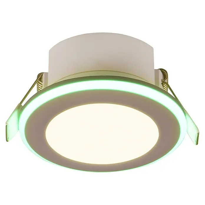 Trio Lighting Foco LED empotrable Argus - RGB, Diámetro: 8 cm, Blanco - Vista de producto de una lámpara de techo LED con anillo de luz verde. La lámpara es blanca y tiene una forma redonda, diseño moderno.