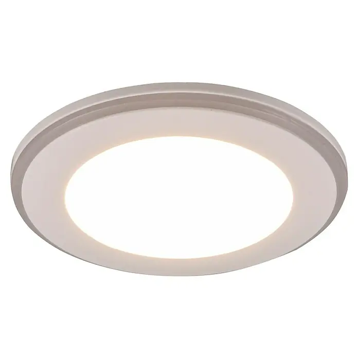 Trio Lighting Foco LED empotrable Argus - RGB, Diámetro: 8 cm, Blanco - Primer plano de una lámpara de techo LED redonda con borde blanco, que emite una luz cálida brillante, ideal para interiores modernos.