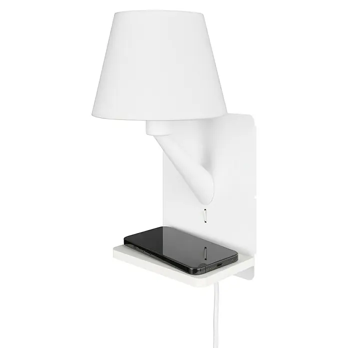 Trio Lighting Aplique de pared Comfort - 40 W, L x An x Al: 18 x 16 x 31 cm, Blanco, E14 - Lámpara de pared blanca con estante integrado, con un smartphone. Perfecto para dormitorios o pasillos.