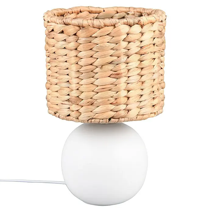 Lámpara de sobremesa redonda Vina - 40 W, Ø x Al: 18 x 29 cm, Marrón, E27 - Una lámpara de mesa elegante con una pantalla tejida natural y una base redonda blanca, perfecta para añadir detalles acogedores a cualquier habitación.