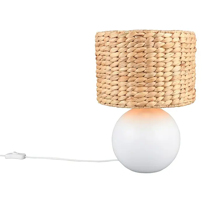 Lámpara de sobremesa redonda Vina - 40 W, Ø x Al: 18 x 29 cm, Marrón, E27 - Lámpara de mesa con base esférica blanca y pantalla tejida, que proporciona una iluminación acogedora.
