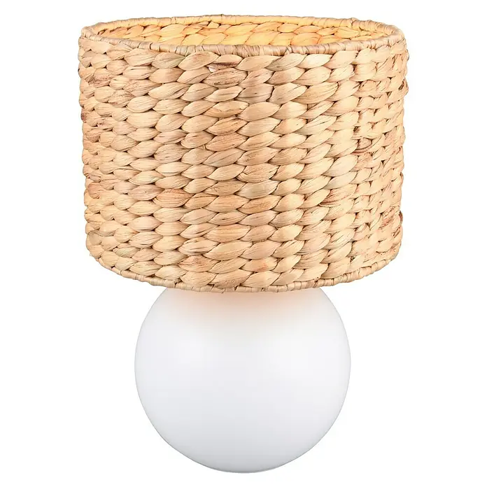 Lámpara de sobremesa redonda Vina - 40 W, Ø x Al: 18 x 29 cm, Marrón, E27 - Una elegante lámpara de mesa con una pantalla tejida y una base redonda blanca, ideal para añadir un ambiente cálido a cualquier habitación.