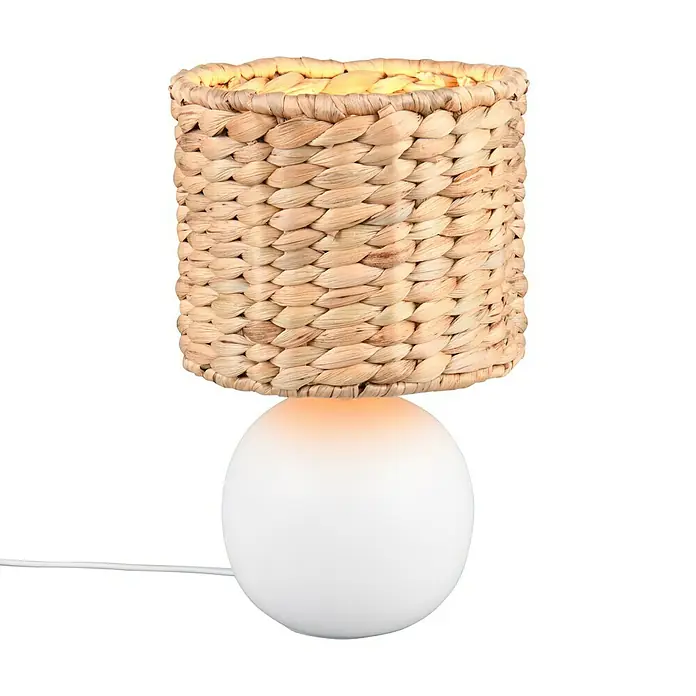 Lámpara de sobremesa redonda Vina - 40 W, Ø x Al: 18 x 29 cm, Marrón, E27 - Elegante lámpara de mesa con pantalla tejida y base redonda blanca, creando un ambiente cálido y acogedor en cualquier habitación.