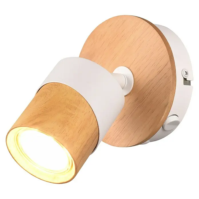 Trio Lighting Aruni Foco de pared - 10 W, L x An x Al: 15 x 11 x 13 cm, Blanco/Marrón, GU10 - Primer plano de una lámpara de pared con detalles de madera y metal blanco, emitiendo una luz cálida.