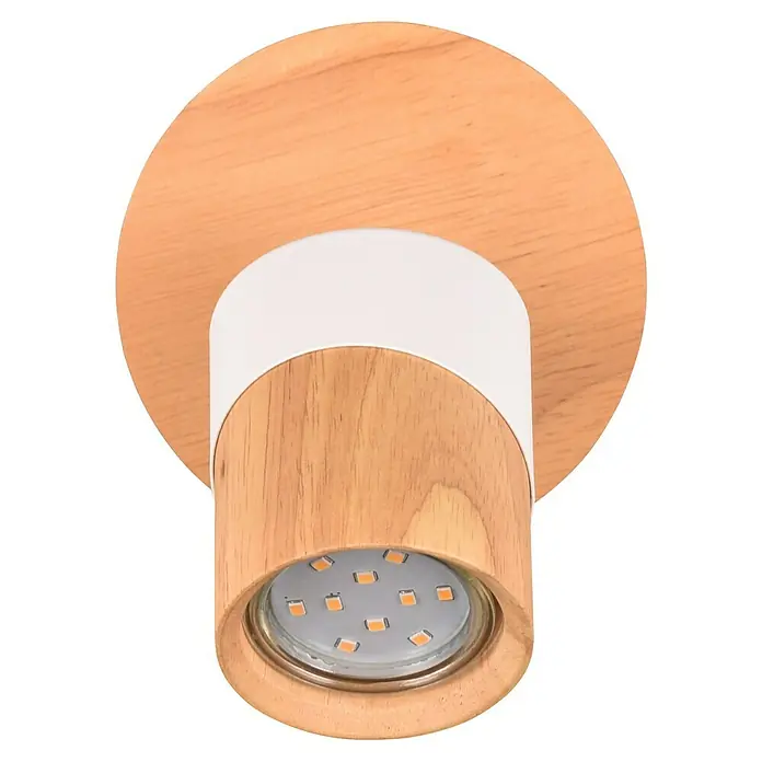 Trio Lighting Aruni Foco de pared - 10 W, L x An x Al: 15 x 11 x 13 cm, Blanco/Marrón, GU10 - Primer plano de una moderna lámpara de techo de madera con detalles blancos e iluminación LED integrada.